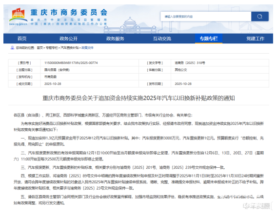 2025年10月28日，重慶市商務(wù)委員會發(fā)布《重慶市商務(wù)委員會關(guān)于追加資金持續(xù)實施2025年汽車以舊換新補貼政策的通知》。